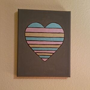 Handmade Striped Heart Acrylic Painting Canvas Wall Art Signed Decor Pink 8x10